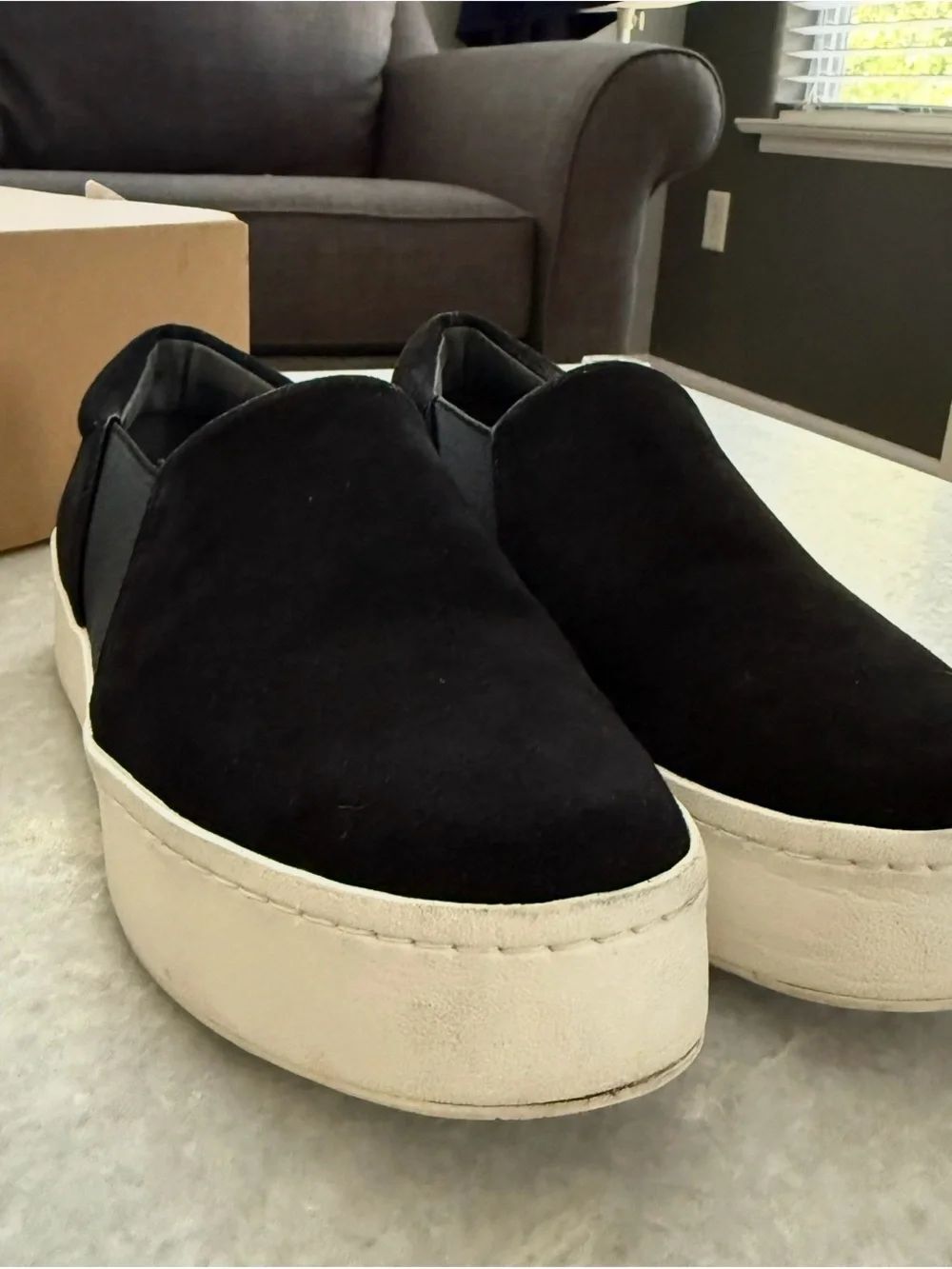 VINCE: Womens Black Slip-On Warren Suede Platform Sneakers - like new with box